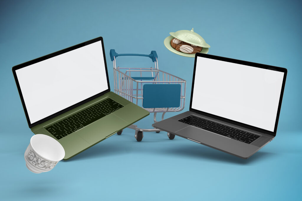 Panier d'achats pour woocommerce vs shopify - Ordinateurs portables - Vue en perspective