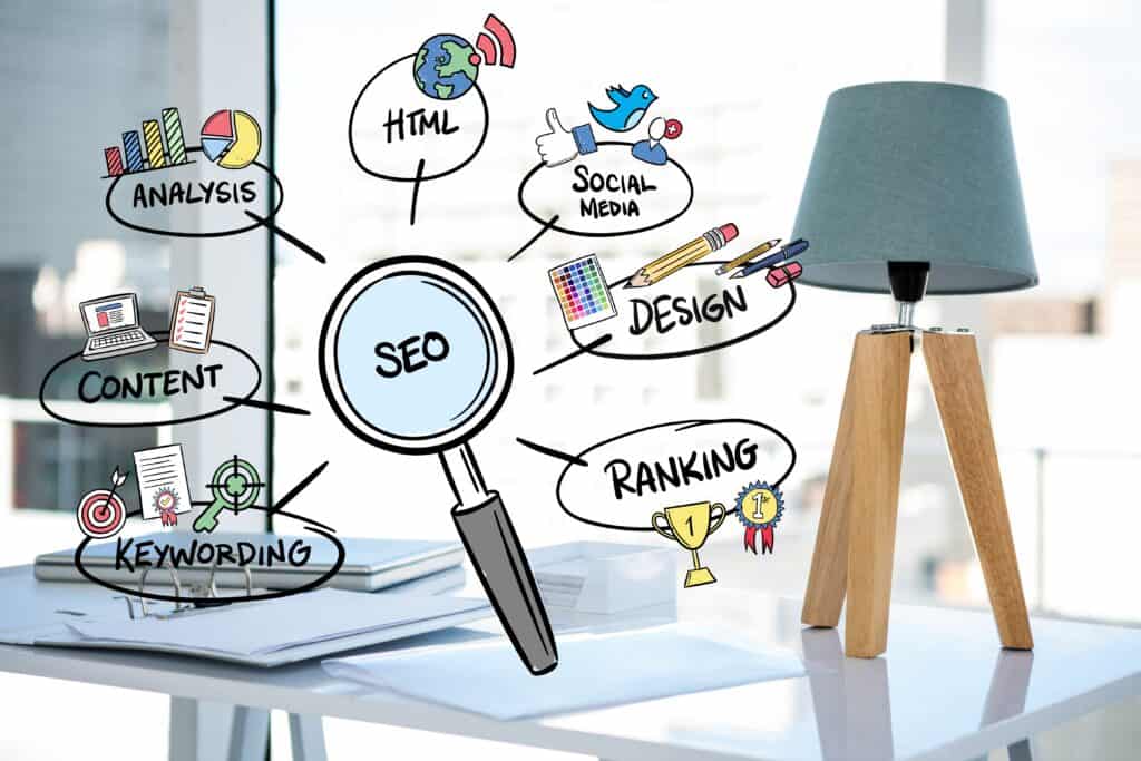 montage numérique d'éléments graphiques du SEO professionnels sur fond de bureau