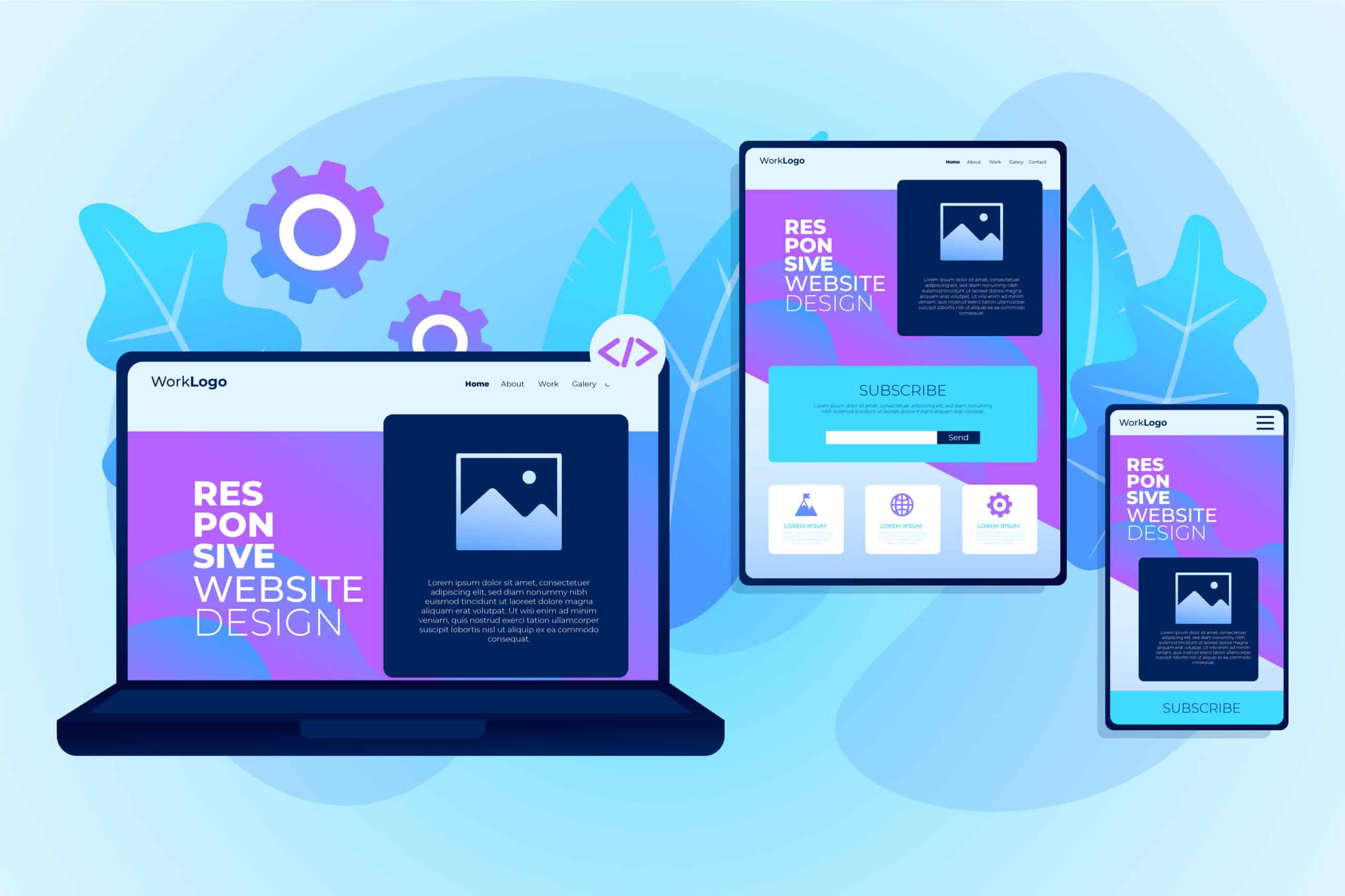 Illustration du responsive web design sur ordinateur portable, tablette et smartphone