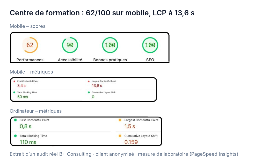 Résultats PageSpeed Insights d'un centre de formation : score mobile 62/100, LCP mobile 13,6 s, CLS ordinateur 0,159