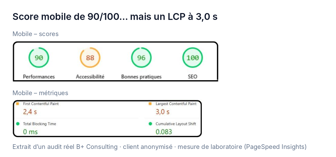 Résultats PageSpeed Insights : score mobile 90/100 mais LCP mobile de 3,0 s